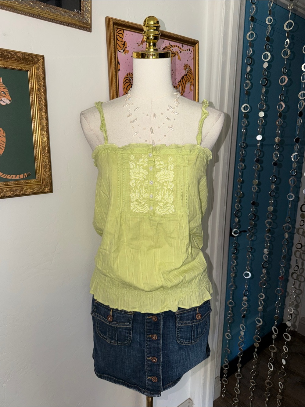 Vintage Y2K Lime Green Embroidered Spaghetti Strap Tank Top - Women's